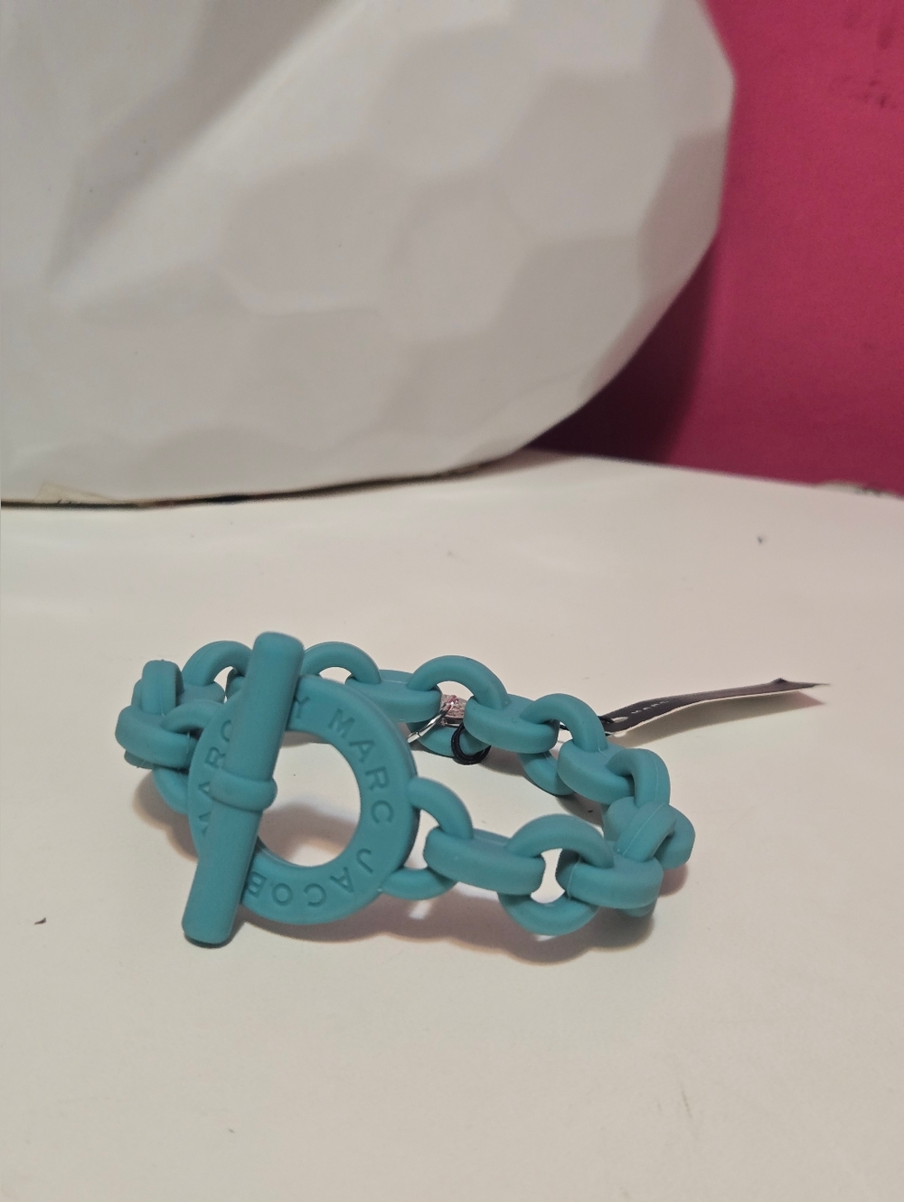 NWT Marc By Marc Jacobs Turquoise Silicone Link Bracelet with Logo Charm
